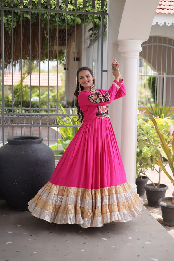 Reyon Kutchi Gamthi Thread Work Gown Clothsvilla