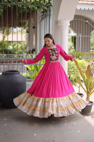 Reyon Kutchi Gamthi Thread Work Gown Clothsvilla