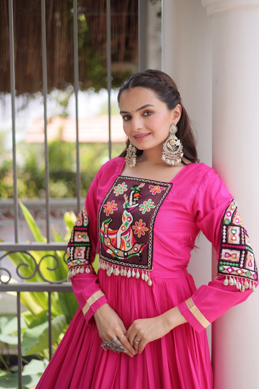 Reyon Kutchi Gamthi Thread Work Gown Clothsvilla