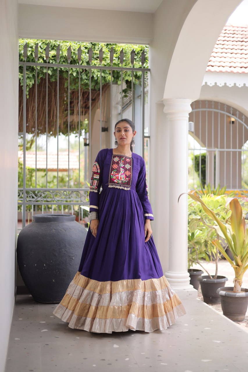 Reyon Kutchi Gamthi Thread Work Gown Clothsvilla