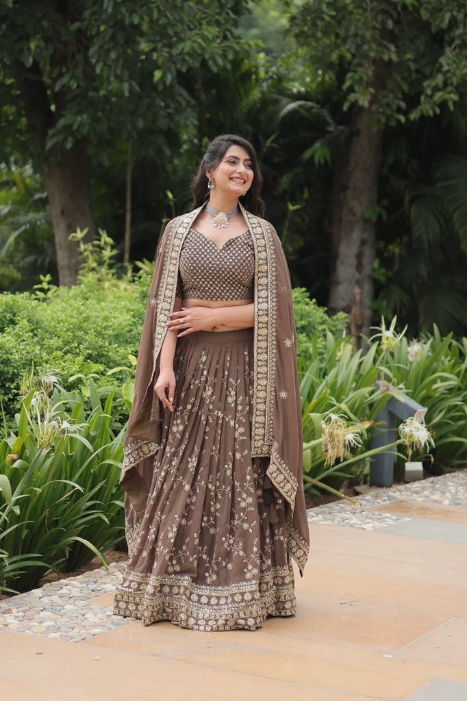 Roman Coffee Faux Blooming Lehenga Choli with Heavy Embroidery and Designer Dupatta ClothsVilla