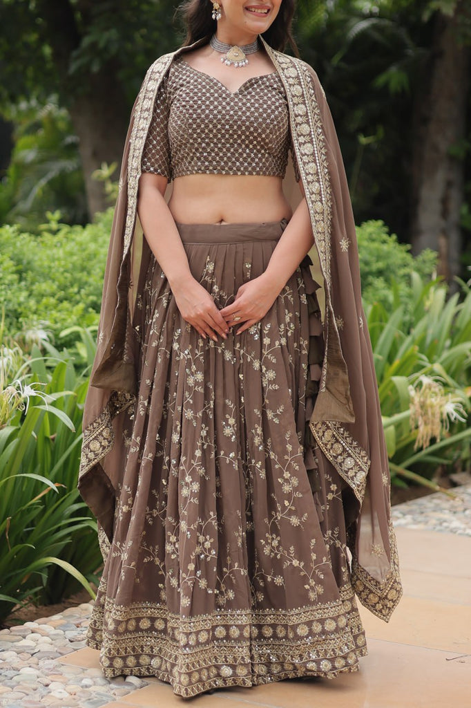 Roman Coffee Faux Blooming Lehenga Choli with Heavy Embroidery and Designer Dupatta ClothsVilla