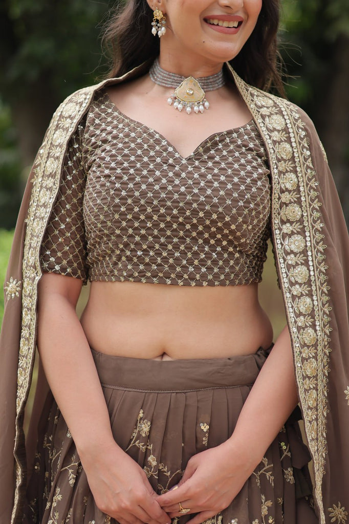 Roman Coffee Faux Blooming Lehenga Choli with Heavy Embroidery and Designer Dupatta ClothsVilla