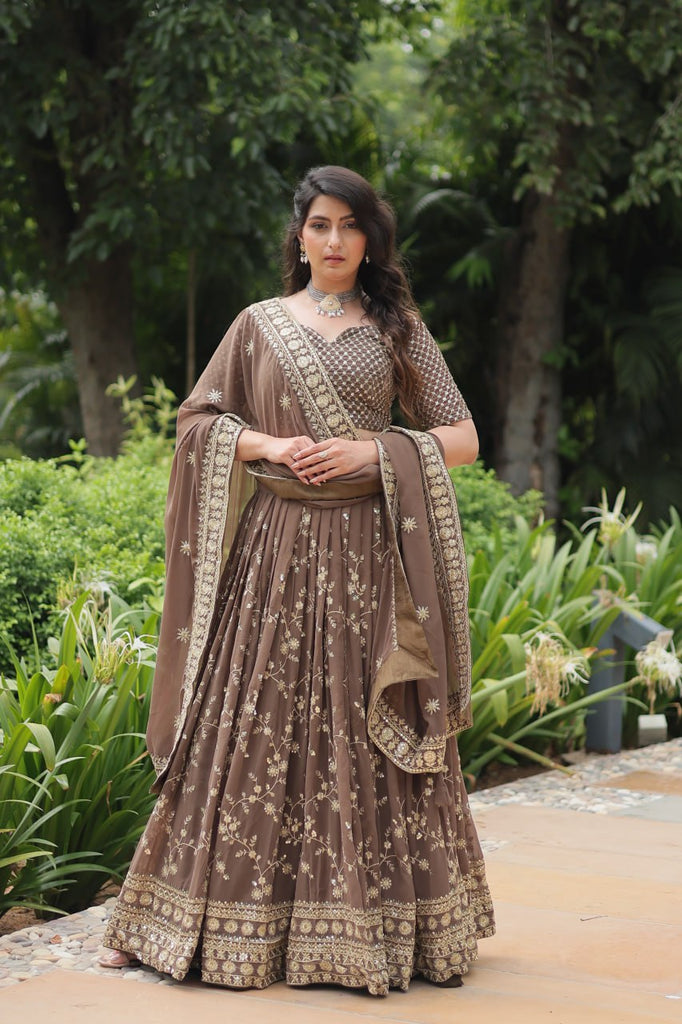 Roman Coffee Faux Blooming Lehenga Choli with Heavy Embroidery and Designer Dupatta ClothsVilla