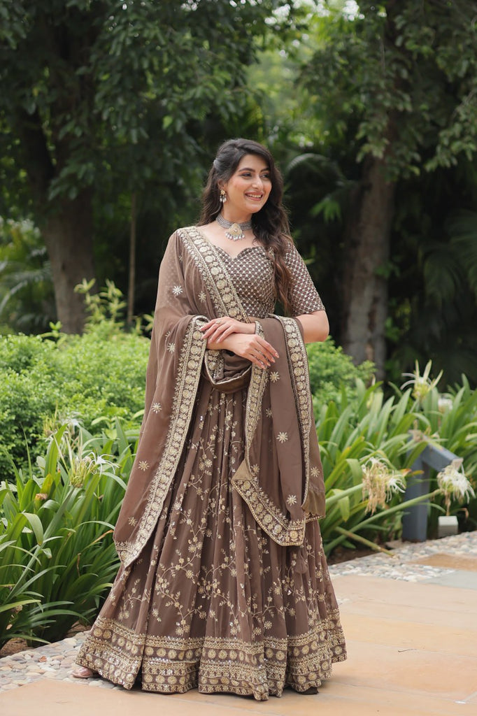 Roman Coffee Faux Blooming Lehenga Choli with Heavy Embroidery and Designer Dupatta ClothsVilla