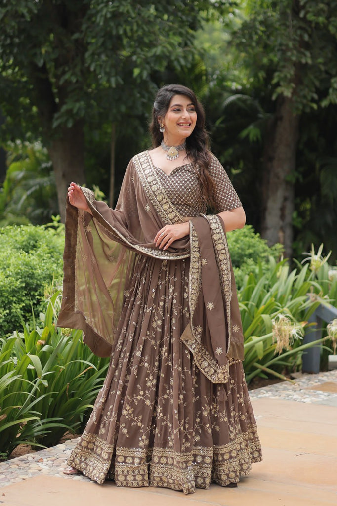 Roman Coffee Faux Blooming Lehenga Choli with Heavy Embroidery and Designer Dupatta ClothsVilla