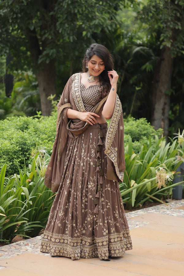 Roman Coffee Faux Blooming Lehenga Choli with Heavy Embroidery and Designer Dupatta ClothsVilla