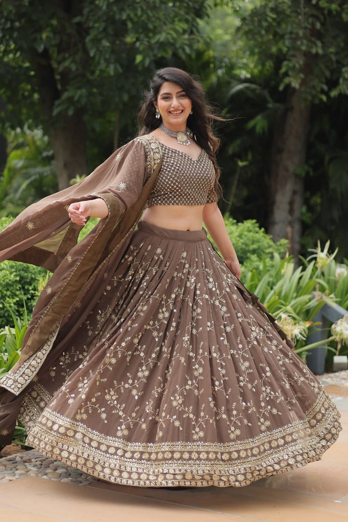 Roman Coffee Faux Blooming Lehenga Choli with Heavy Embroidery and Designer Dupatta ClothsVilla