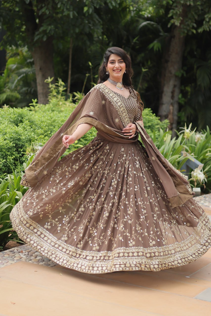 Roman Coffee Faux Blooming Lehenga Choli with Heavy Embroidery and Designer Dupatta ClothsVilla