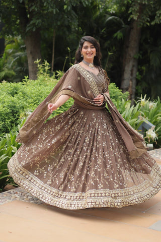 Roman Coffee Faux Blooming Lehenga Choli with Heavy Embroidery and Designer Dupatta ClothsVilla