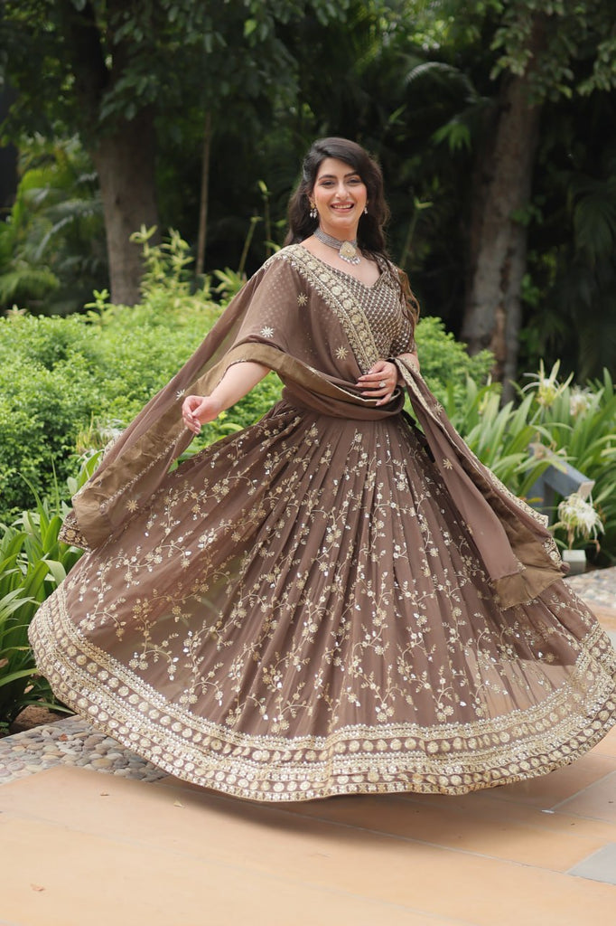 Roman Coffee Faux Blooming Lehenga Choli with Heavy Embroidery and Designer Dupatta ClothsVilla