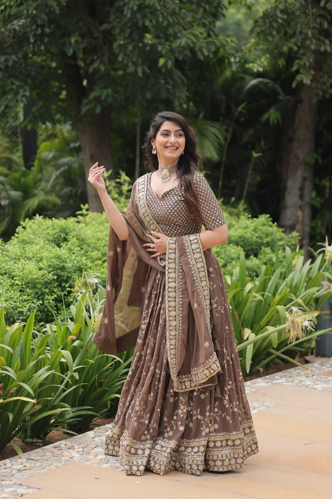 Roman Coffee Faux Blooming Lehenga Choli with Heavy Embroidery and Designer Dupatta ClothsVilla