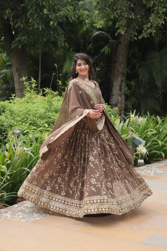 Roman Coffee Faux Blooming Lehenga Choli with Heavy Embroidery and Designer Dupatta ClothsVilla