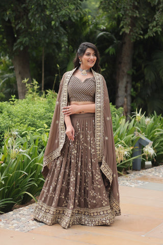 Roman Coffee Faux Blooming Lehenga Choli with Heavy Embroidery and Designer Dupatta ClothsVilla