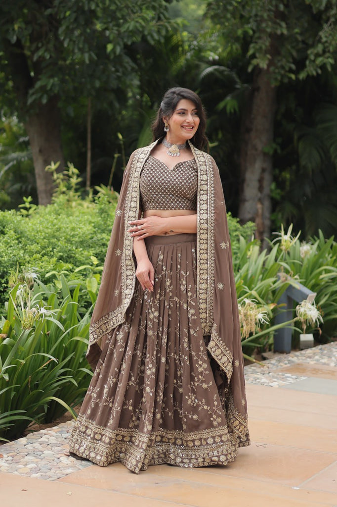 Roman Coffee Faux Blooming Lehenga Choli with Heavy Embroidery and Designer Dupatta ClothsVilla