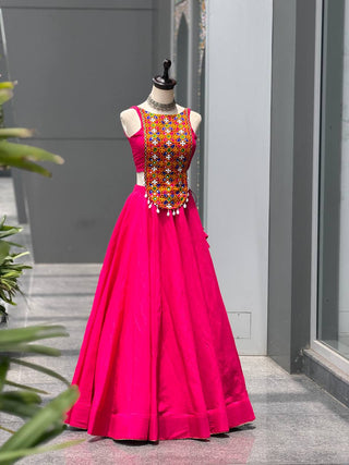 Rani Pink Silk Mirror & Shell Work Lehenga Set ClothsVilla