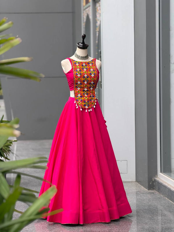 Rani Pink Silk Mirror & Shell Work Lehenga Set ClothsVilla