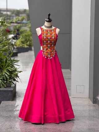 Rani Pink Silk Mirror & Shell Work Lehenga Set ClothsVilla