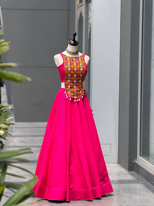 Rani Pink Silk Mirror & Shell Work Lehenga Set ClothsVilla