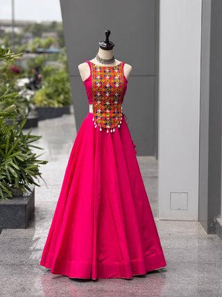 Rani Pink Silk Mirror & Shell Work Lehenga Set ClothsVilla