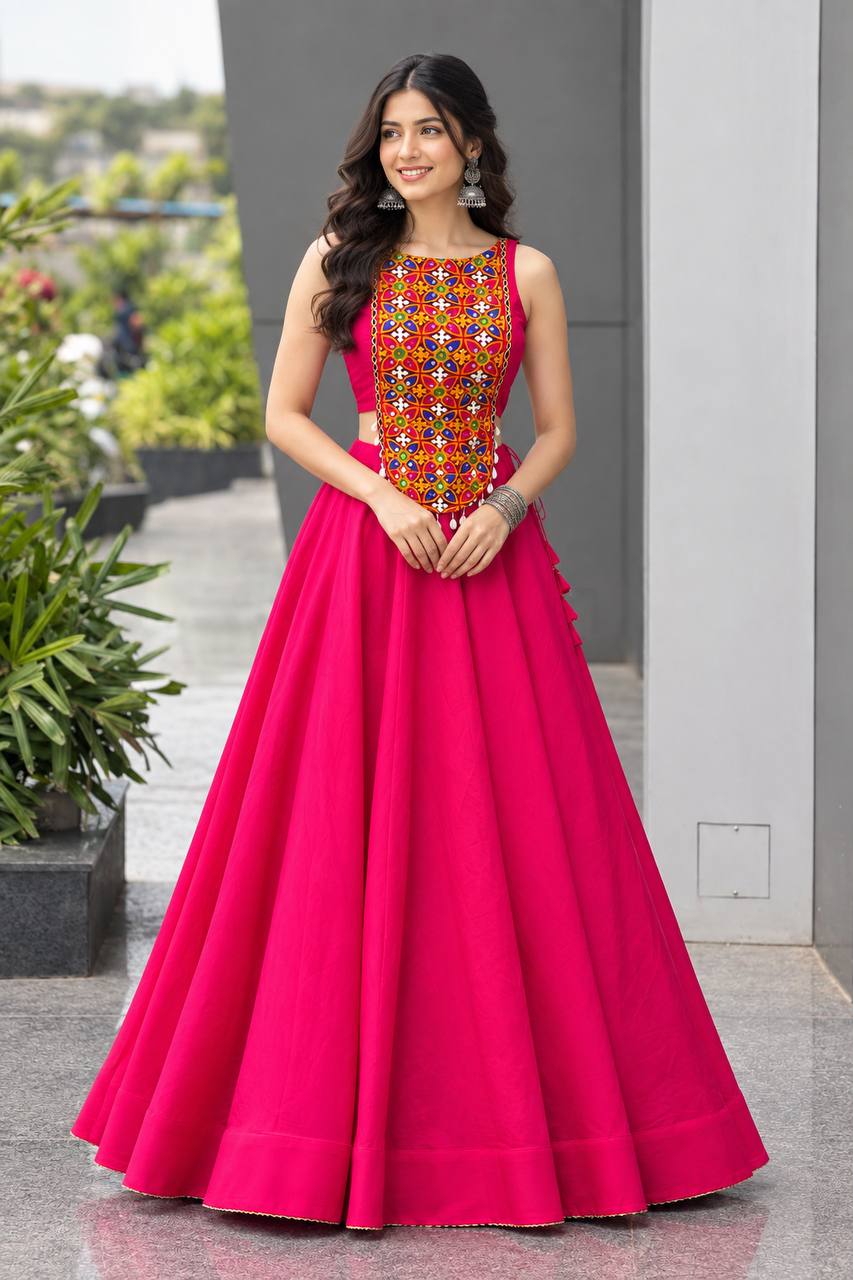 Rani Pink Silk Mirror & Shell Work Lehenga Set ClothsVilla