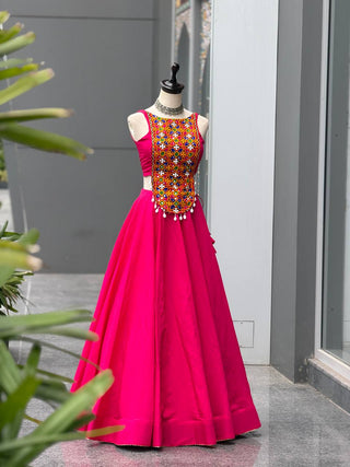 Rani Pink Silk Mirror & Shell Work Lehenga Set ClothsVilla