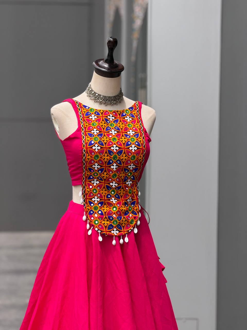 Rani Pink Silk Mirror & Shell Work Lehenga Set ClothsVilla