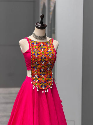Rani Pink Silk Mirror & Shell Work Lehenga Set ClothsVilla