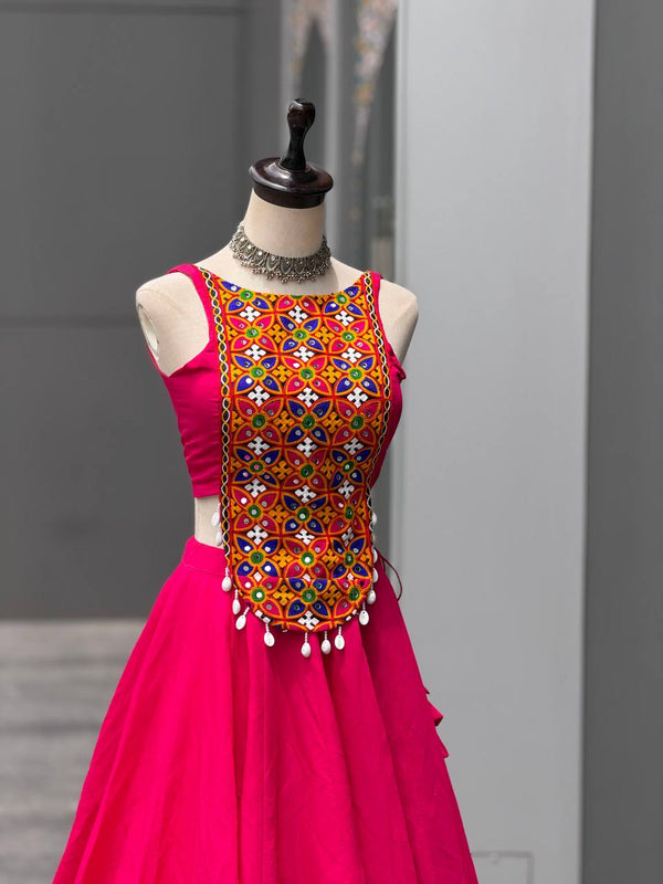 Rani Pink Silk Mirror & Shell Work Lehenga Set ClothsVilla