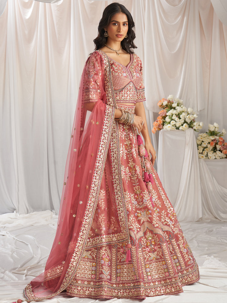 Rose Gold Bridel net and Gotapatti & Moti embroidery Semi-Stitched Lehenga choli & Dupatta ClothsVilla