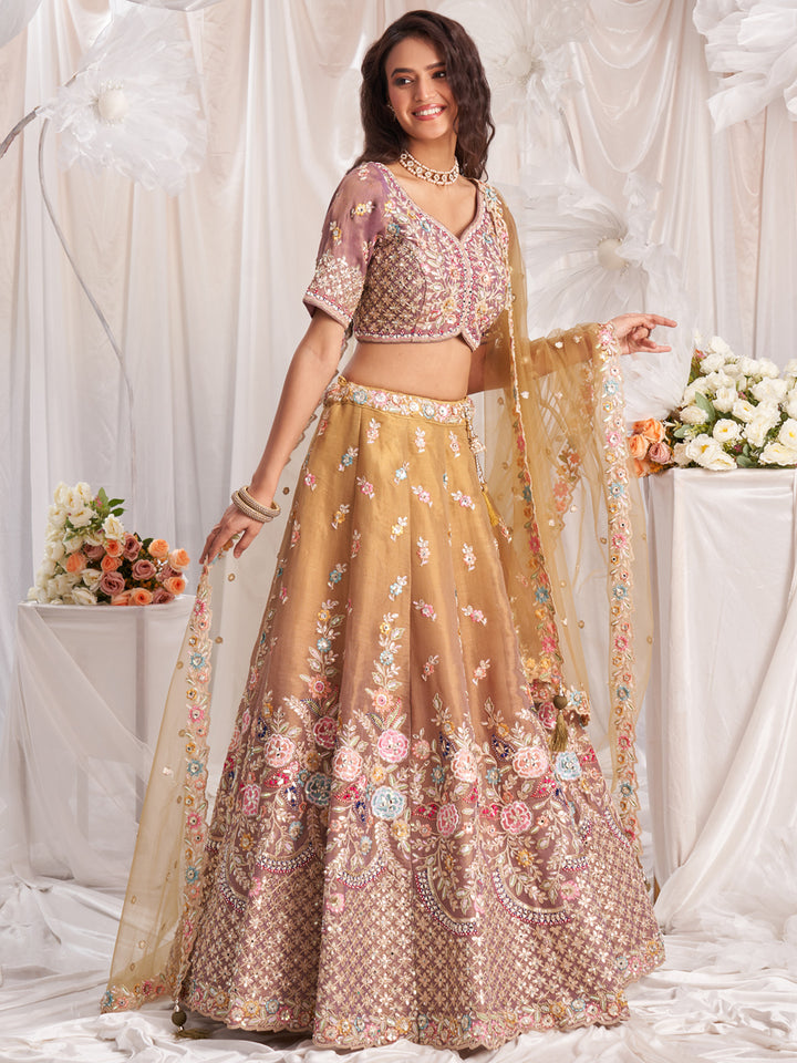 Rose gold Bridel net and Gotapatti & Moti embroidery Semi-Stitched Lehenga choli & Dupatta ClothsVilla