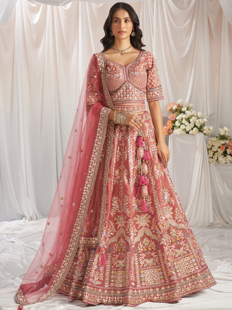 Rose Gold Bridel net and Gotapatti & Moti embroidery Semi-Stitched Lehenga choli & Dupatta ClothsVilla