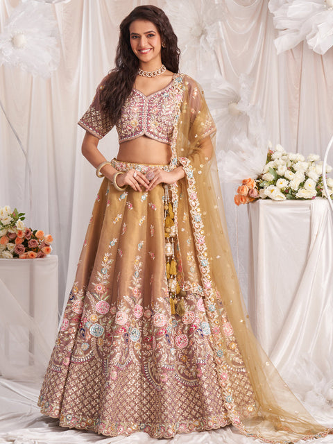 Rose gold Bridel net and Gotapatti & Moti embroidery Semi-Stitched Lehenga choli & Dupatta ClothsVilla Main image