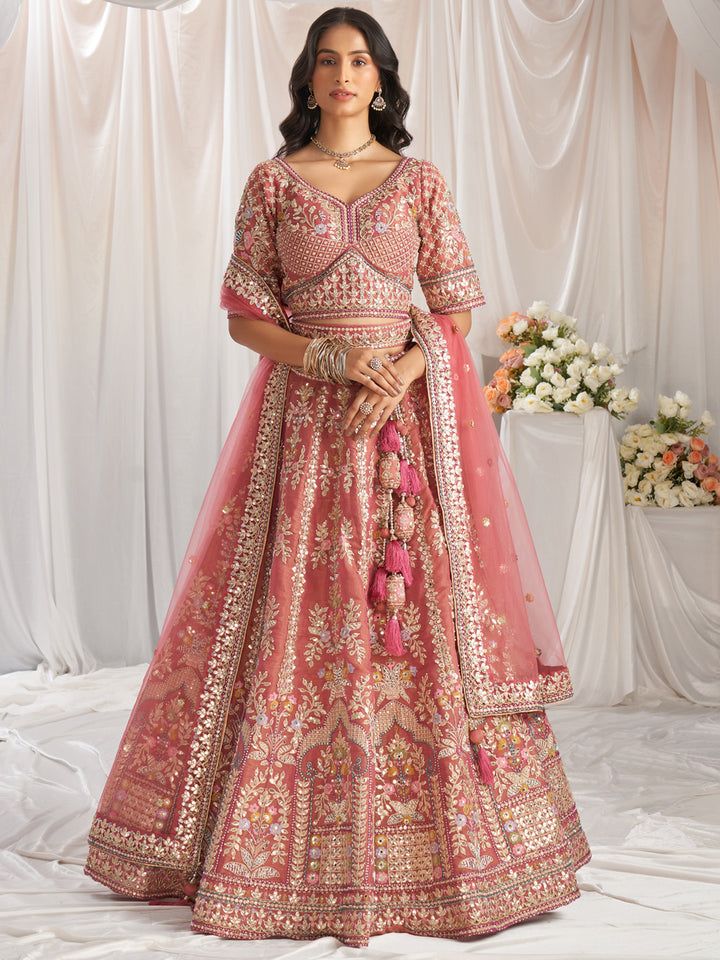 Rose Gold Bridel net and Gotapatti & Moti embroidery Semi-Stitched Lehenga choli & Dupatta ClothsVilla Main image