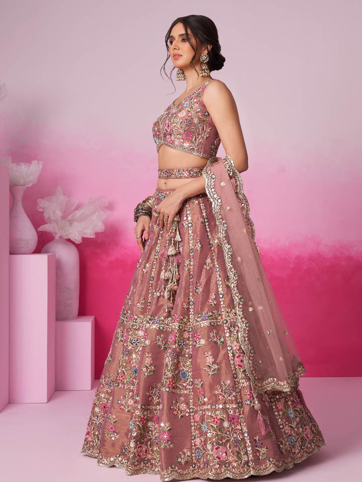 Rose Gold Bridel Net Moti, Sequins embroidery Semi-Stitched Bridel Lehenga choli & Dupatta ClothsVilla