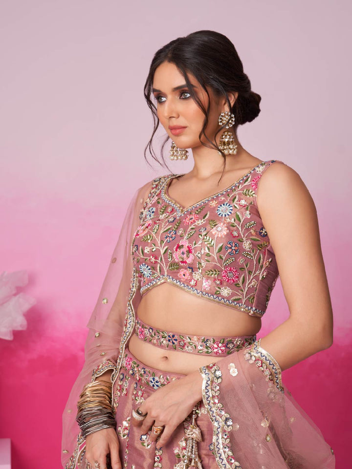 Rose Gold Bridel Net Moti, Sequins embroidery Semi-Stitched Bridel Lehenga choli & Dupatta ClothsVilla