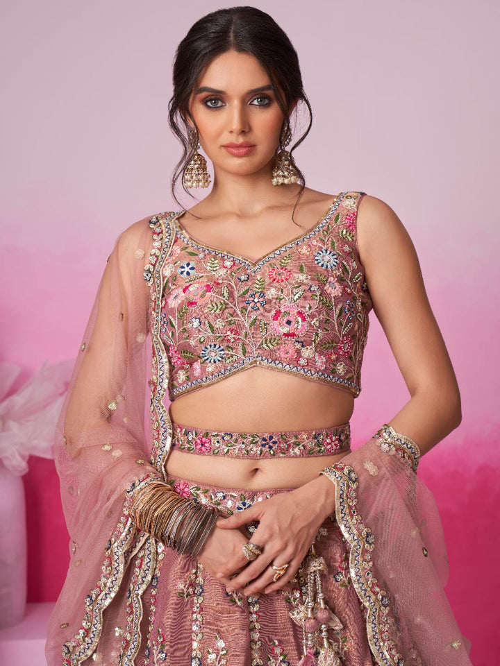 Rose Gold Bridel Net Moti, Sequins embroidery Semi-Stitched Bridel Lehenga choli & Dupatta ClothsVilla