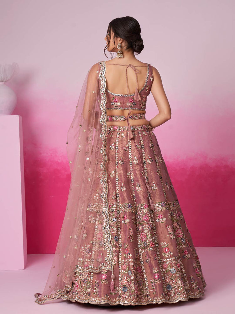 Rose Gold Bridel Net Moti, Sequins embroidery Semi-Stitched Bridel Lehenga choli & Dupatta ClothsVilla
