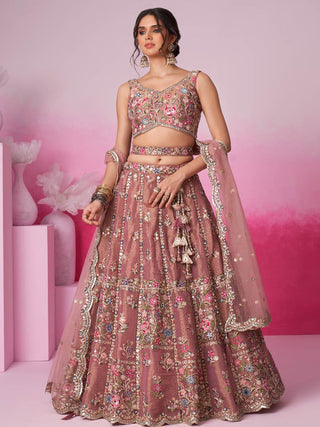 Rose Gold Bridel Net Moti, Sequins embroidery Semi-Stitched Bridel Lehenga choli & Dupatta ClothsVilla