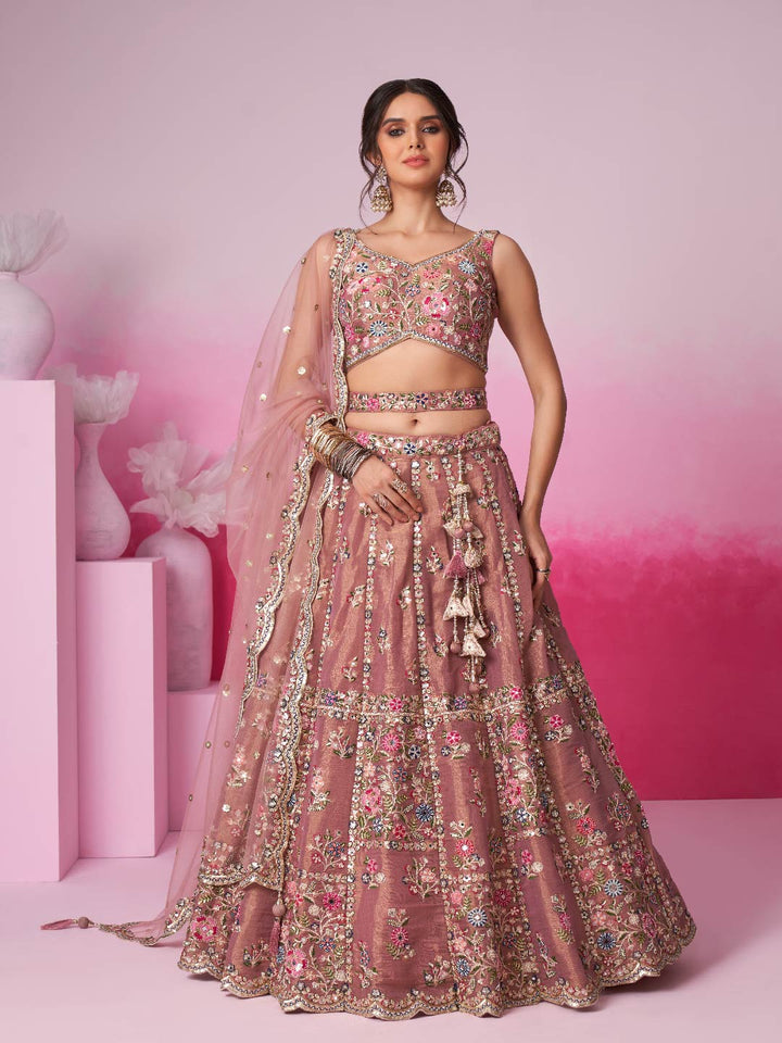 Rose Gold Bridel Net Moti, Sequins embroidery Semi-Stitched Bridel Lehenga choli & Dupatta ClothsVilla