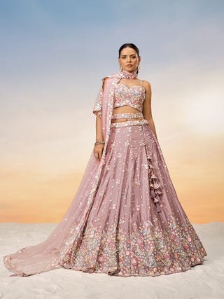Rose Gold Chiffon Sequins and thread embroidery Semi-Stitched Lehenga choli & Dupatta ClothsVilla