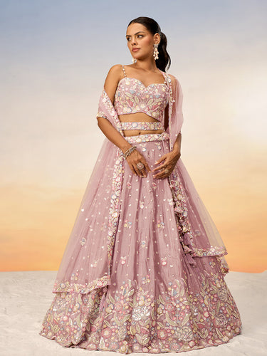 Rose Gold Chiffon Sequins and thread embroidery Semi-Stitched Lehenga choli & Dupatta ClothsVilla
