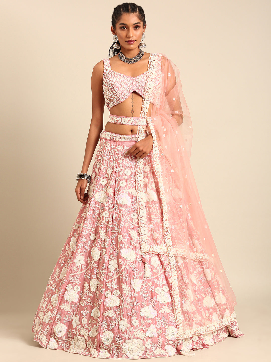 Rose Gold Chinon Sequins and Zarkan embroidery Semi-Stitched Lehenga choli & Dupatta ClothsVilla Main image