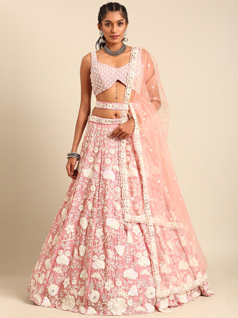 Rose Gold Chinon Sequins and Zarkan embroidery Semi-Stitched Lehenga choli & Dupatta ClothsVilla