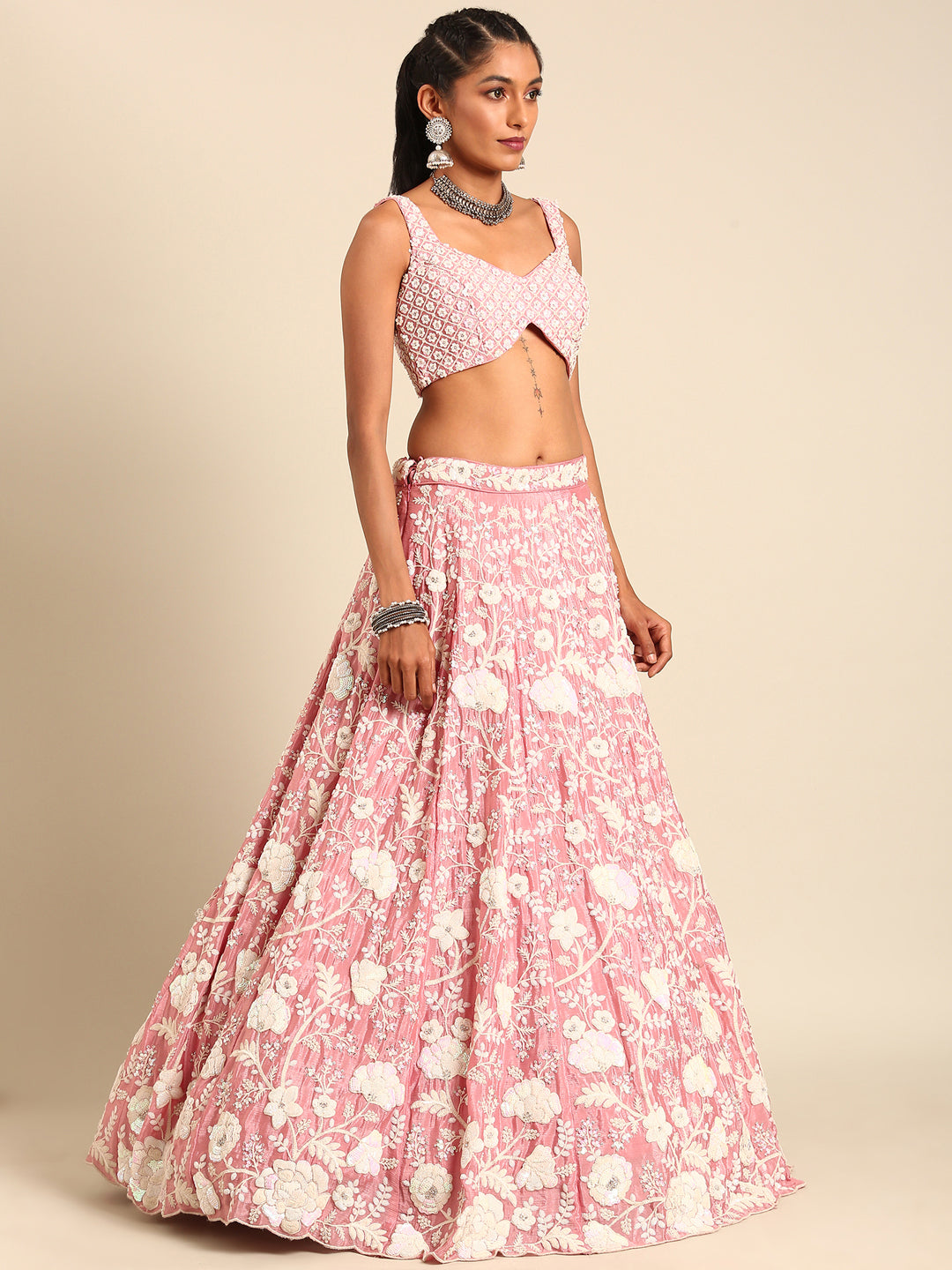 Rose Gold Chinon Sequins and Zarkan embroidery Semi-Stitched Lehenga choli & Dupatta ClothsVilla