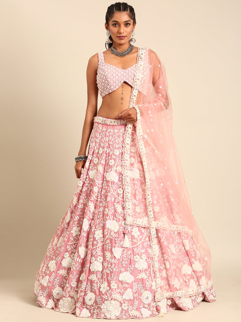 Rose Gold Chinon Sequins and Zarkan embroidery Semi-Stitched Lehenga choli & Dupatta ClothsVilla