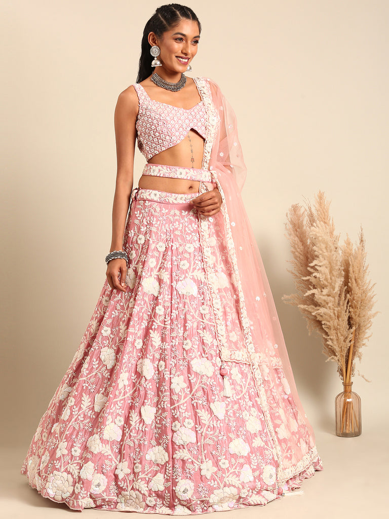 Rose Gold Chinon Sequins and Zarkan embroidery Semi-Stitched Lehenga choli & Dupatta ClothsVilla