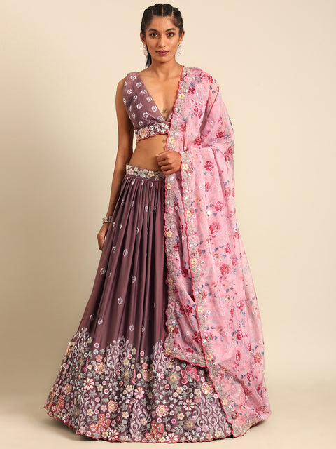 Rose Gold Chinon Sequins embroidery Semi-Stitched Lehenga choli & Dupatta ClothsVilla Main image