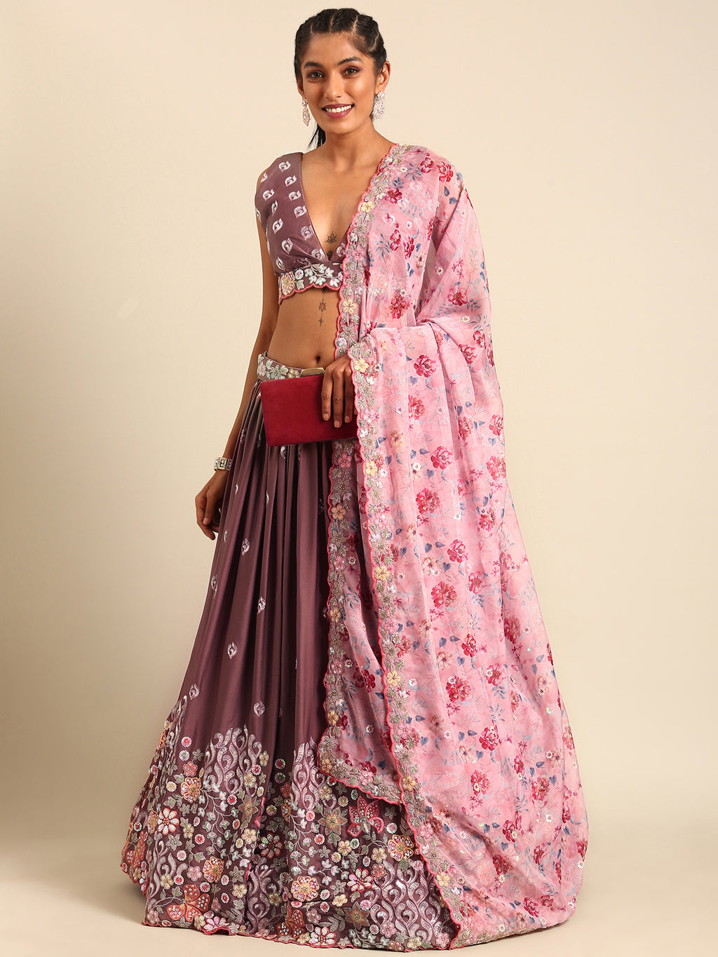 Rose Gold Chinon Sequins embroidery Semi-Stitched Lehenga choli & Dupatta ClothsVilla