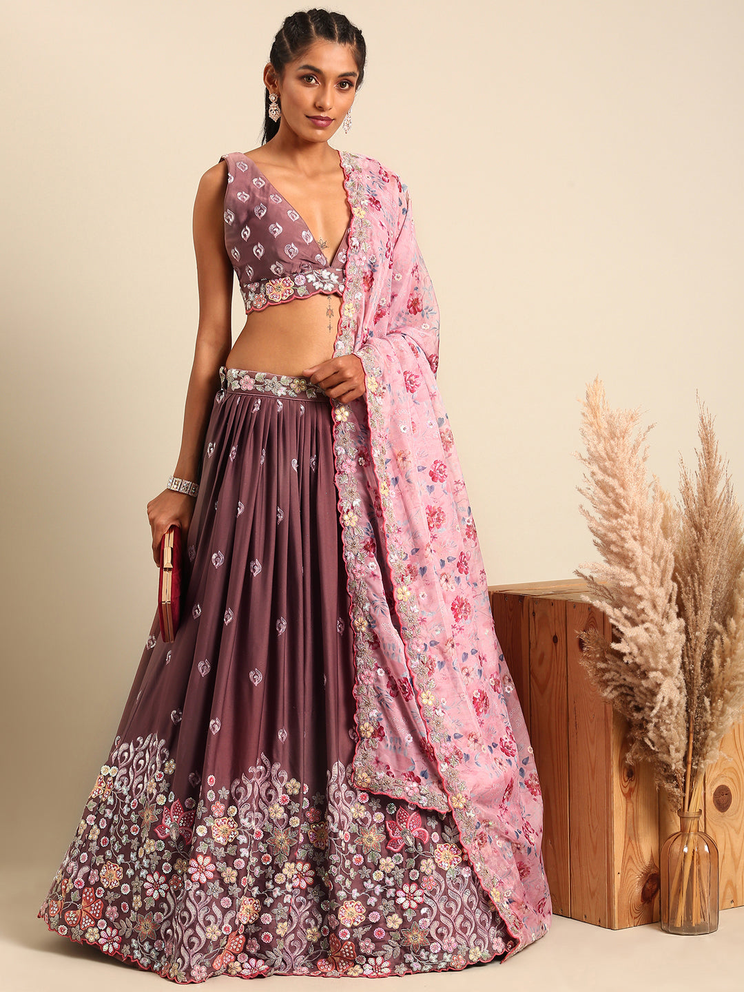 Rose Gold Chinon Sequins embroidery Semi-Stitched Lehenga choli & Dupatta ClothsVilla